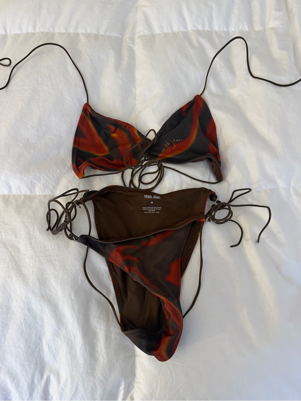With Jean Brown Bikini with Red Tie-Dye Accents